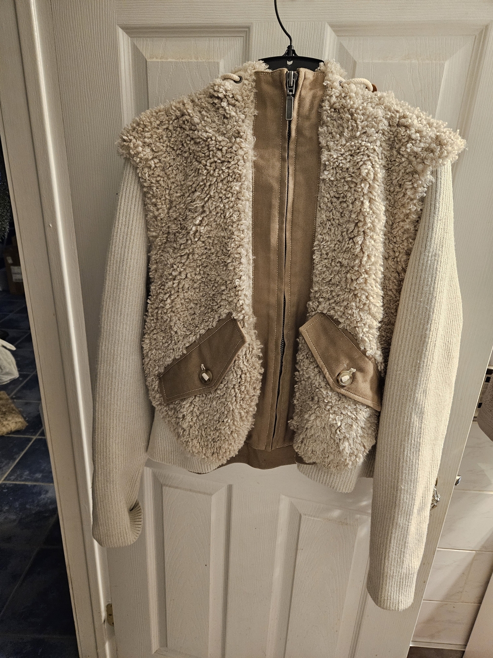 Pilcro Cream and Tan Teddy Sherpa Zip Jacket